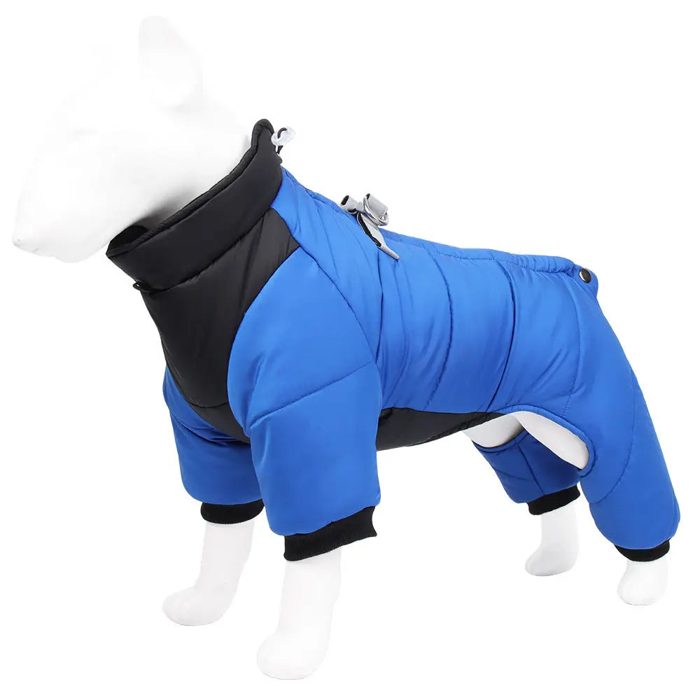 XL Size Blue Winter Waterproof Dog 4 Leg Jumpsuit for Full Body Warmth - Reflective Windproof Pet Puffer Coat with Integrated Harness Wholesale Hub
