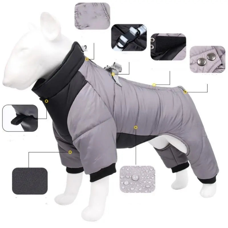 XL Size Yellow Winter Waterproof Dog 4 Leg Jumpsuit for Full Body Warmth - Reflective Windproof Pet Puffer Coat with Integrated Harness Wholesale Hub