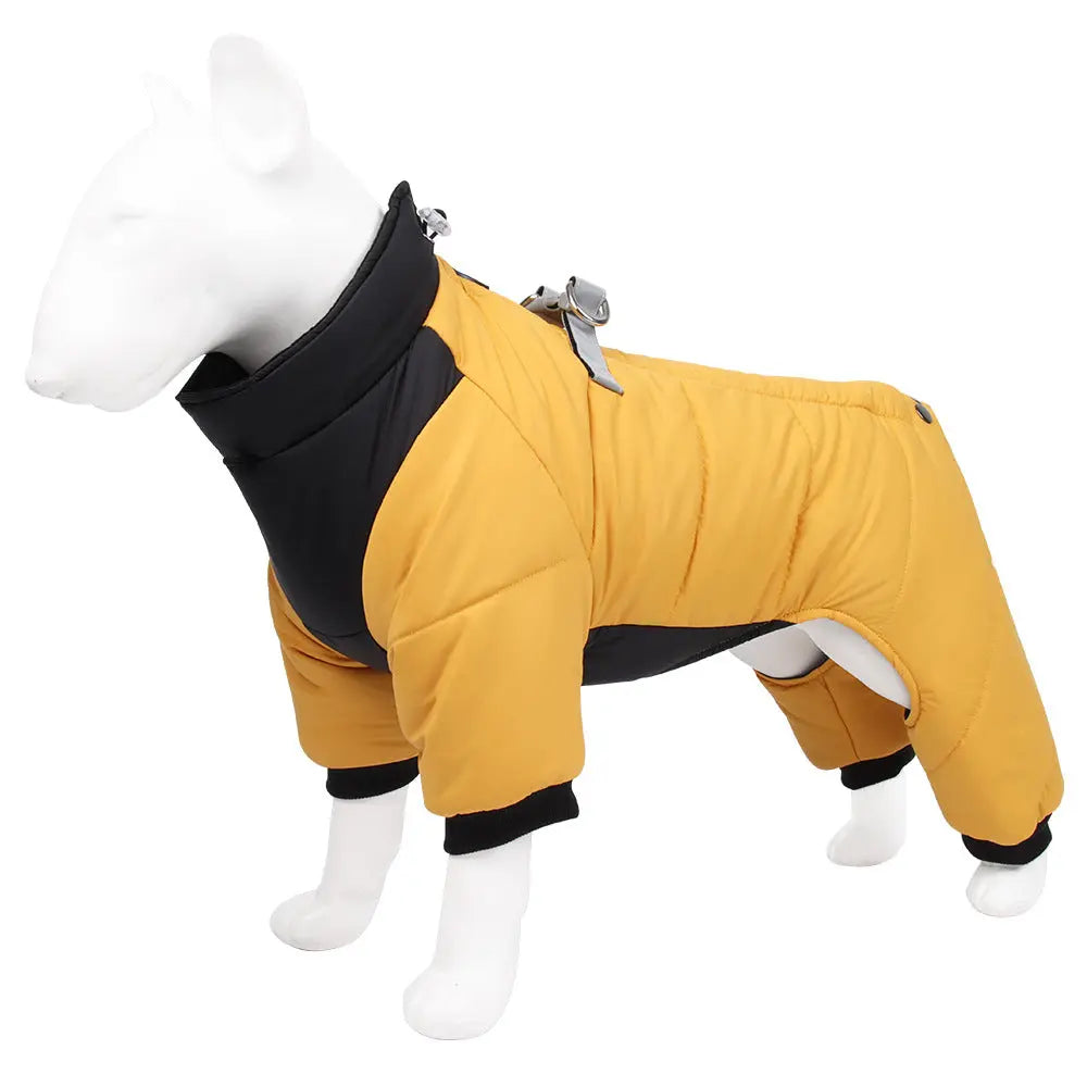 3XL Size Yellow Winter Waterproof Dog 4 Leg Jumpsuit for Full Body Warmth - Reflective Windproof Pet Puffer Coat with Integrated Harness Wholesale Hub