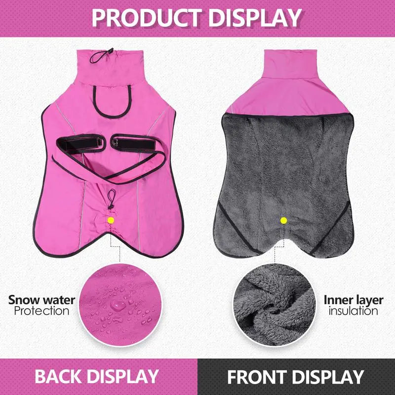 XL Size Dark Blue Winter Waterproof Dog Puffer Vest with Adjustable Neckline / Belt and Leash Access - Reflective Long-Pile Fleece Lined Warm Cloak Wholesale Hub