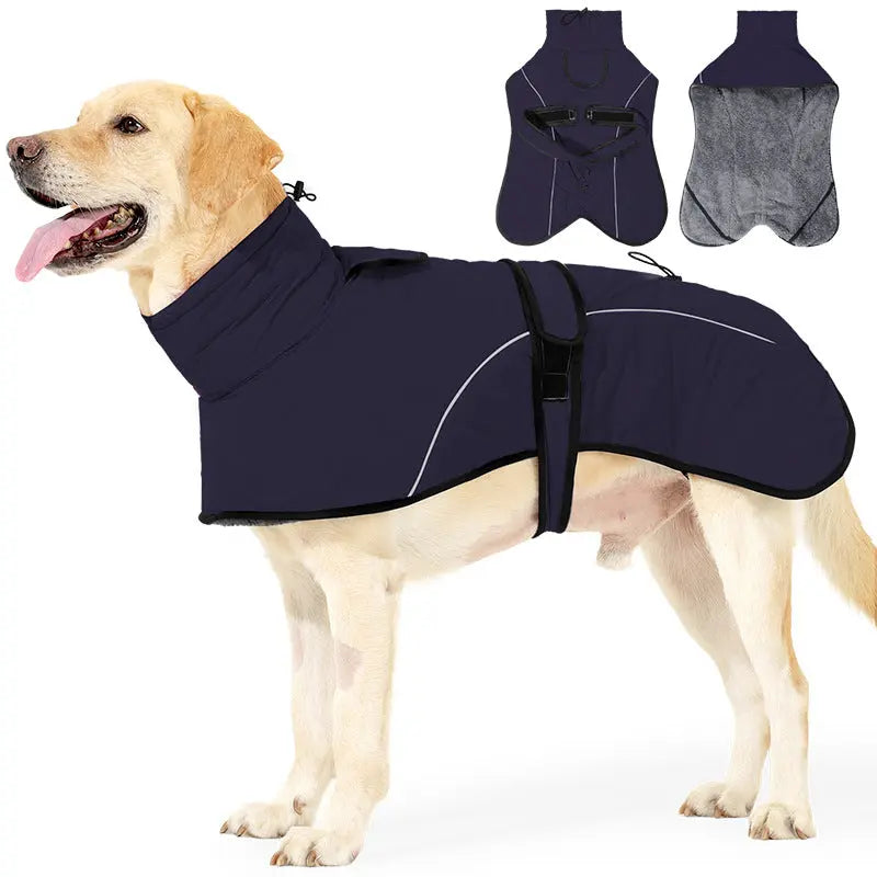 3XL Size Dark Blue Winter Waterproof Dog Puffer Vest with Adjustable Neckline / Belt and Leash Access - Reflective Long-Pile Fleece Lined Warm Cloak Wholesale Hub