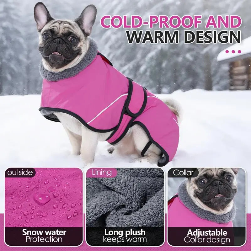 XL Size Rose Red Winter Waterproof Dog Puffer Vest with Adjustable Neckline / Belt and Leash Access - Reflective Long-Pile Fleece Lined Warm Cloak Wholesale Hub