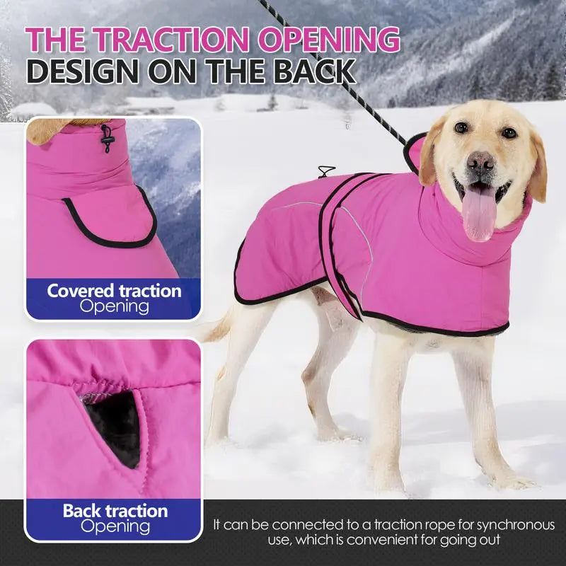 XL Size Rose Red Winter Waterproof Dog Puffer Vest with Adjustable Neckline / Belt and Leash Access - Reflective Long-Pile Fleece Lined Warm Cloak Wholesale Hub