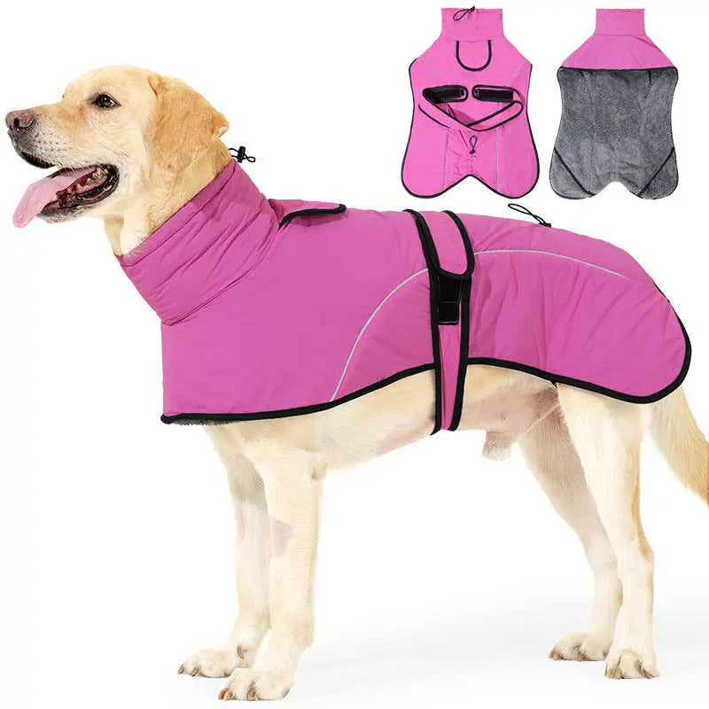 3XL Size Rose Red Winter Waterproof Dog Puffer Vest with Adjustable Neckline / Belt and Leash Access - Reflective Long-Pile Fleece Lined Warm Cloak Wholesale Hub