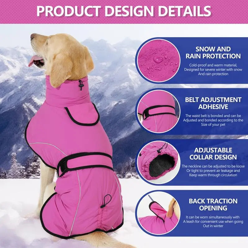 3XL Size Rose Red Winter Waterproof Dog Puffer Vest with Adjustable Neckline / Belt and Leash Access - Reflective Long-Pile Fleece Lined Warm Cloak Wholesale Hub