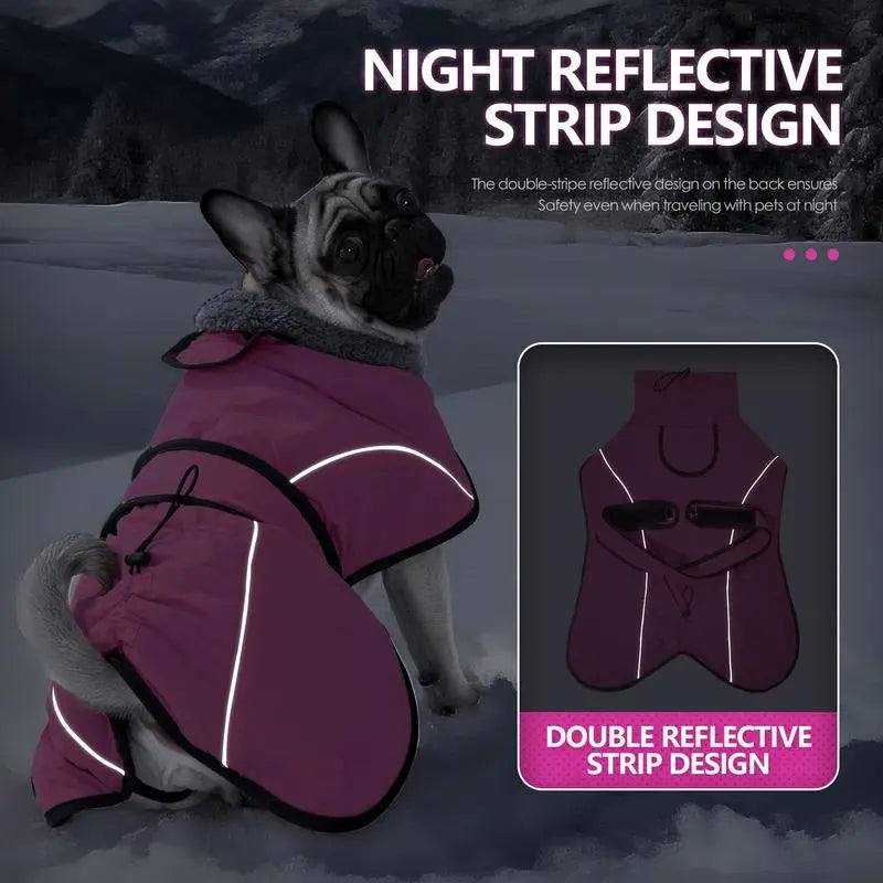 3XL Size Rose Red Winter Waterproof Dog Puffer Vest with Adjustable Neckline / Belt and Leash Access - Reflective Long-Pile Fleece Lined Warm Cloak Wholesale Hub