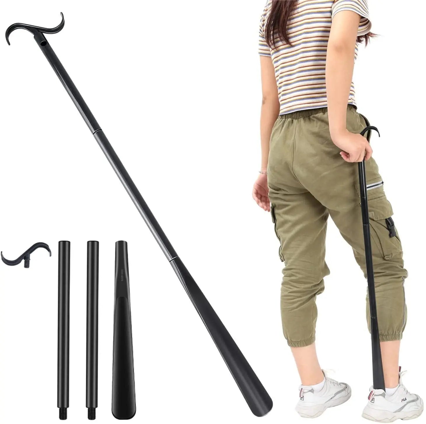 2-Pack Black Portable Dressing Aid Stick & Long-Handled Shoe Horn (3-Section Detachable) - Adjustable 62cm-88cm Dressing Hook for Seniors & Limited Mobility Wholesale Hub