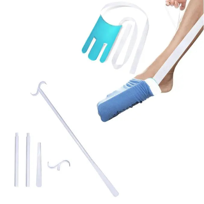 Portable Complete Independent Living Mobility Kit - No-Bend Three Finger Sock Aid & White Extendable 3-in-1 Dressing Hook with Shoe Horn Wholesale Hub