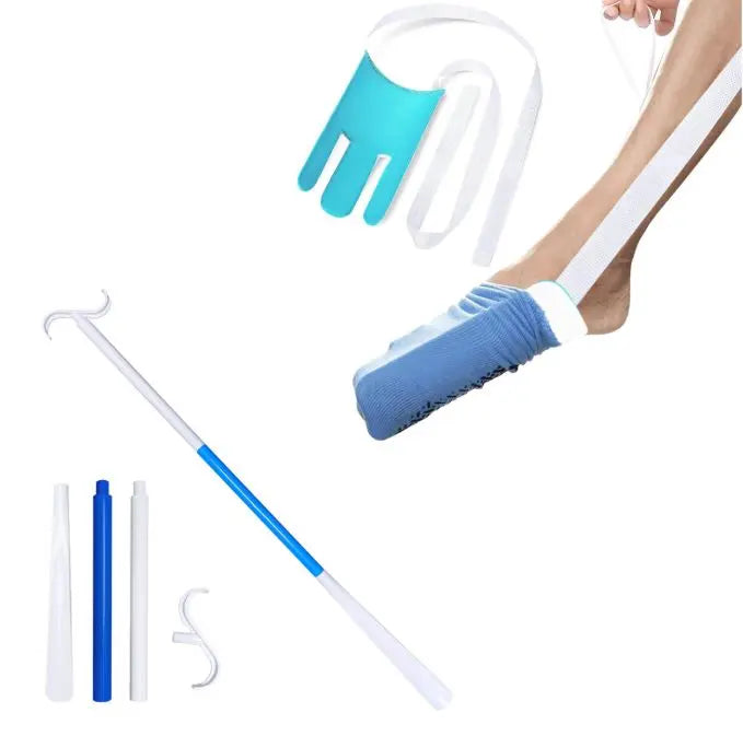 Portable Complete Independent Living Mobility Kit - No-Bend Three Finger Sock Aid & Blue Extendable 3-in-1 Dressing Hook with Shoe Horn Wholesale Hub