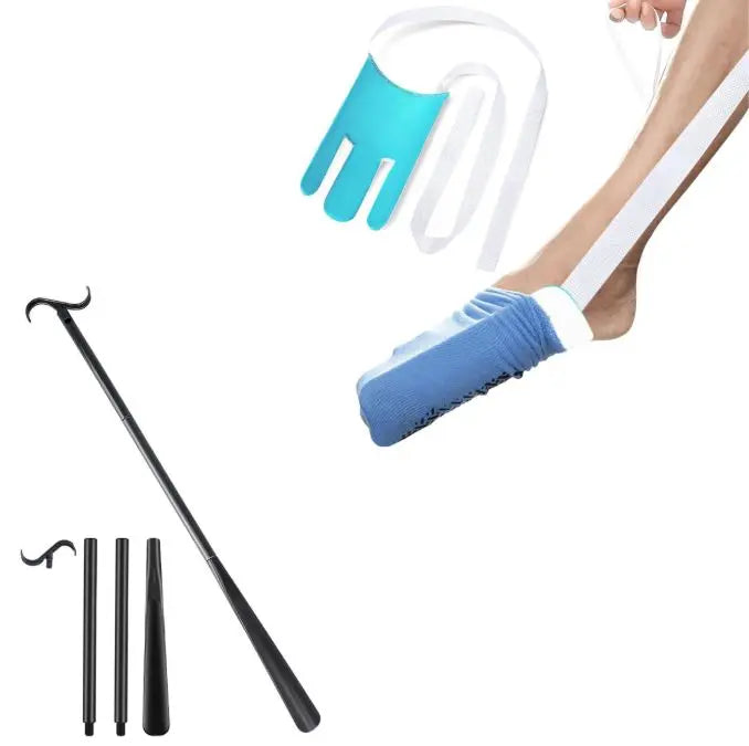 Portable Complete Independent Living Mobility Kit - No-Bend Three Finger Sock Aid & Black Extendable 3-in-1 Dressing Hook with Shoe Horn Wholesale Hub