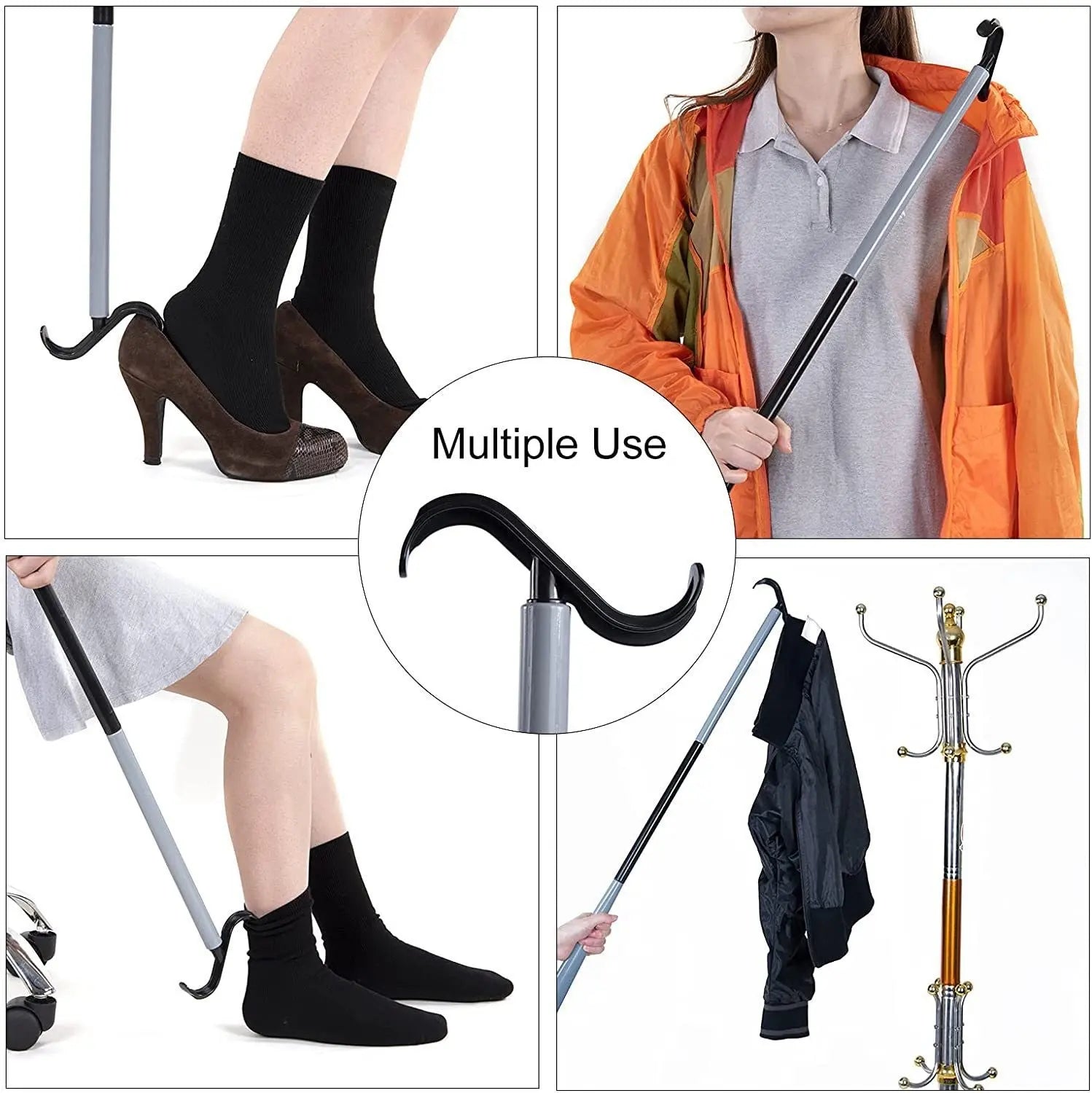 Portable Complete Independent Living Mobility Kit - No-Bend Three Finger Sock Aid & Black Extendable 3-in-1 Dressing Hook with Shoe Horn Wholesale Hub