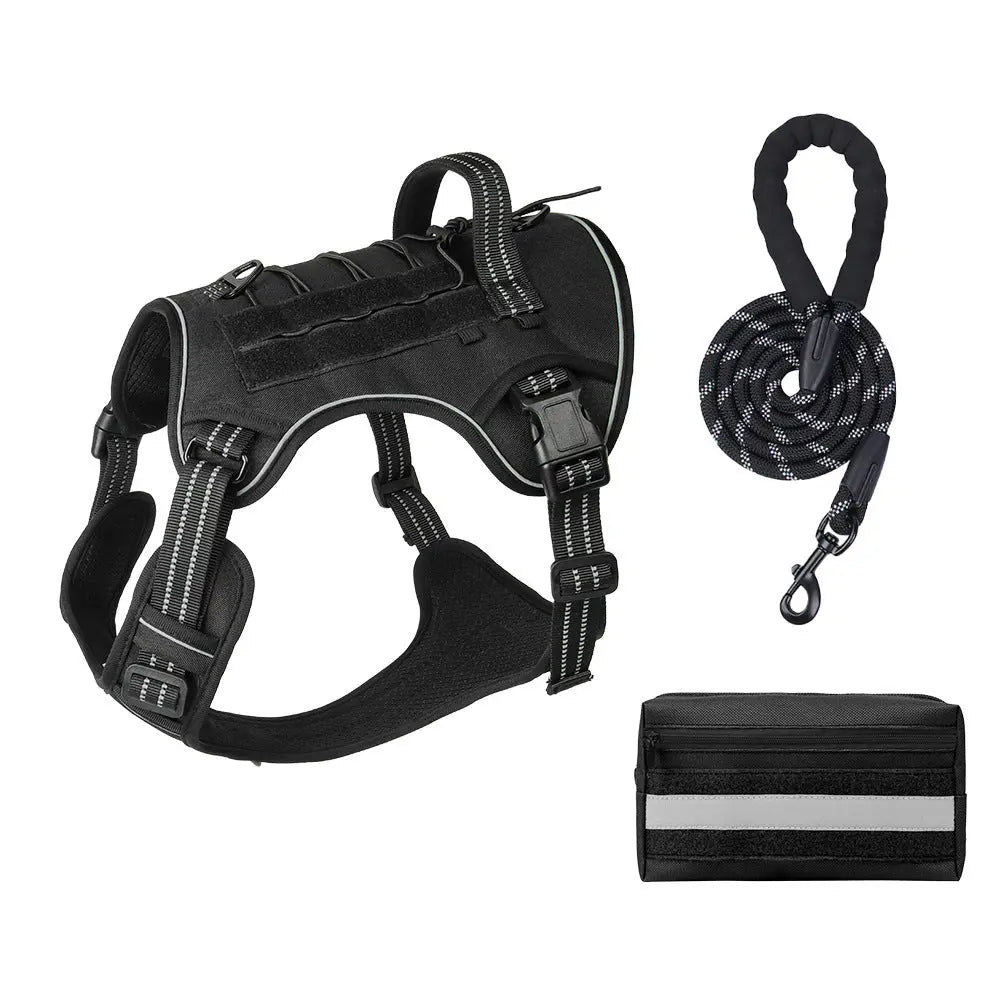 3-Piece Black Tactical Dog Harness Set (M Size) - Heavy Duty No-Pull Vest with Detachable Tactical Pouch & Climbing Rope Leash Wholesale Hub