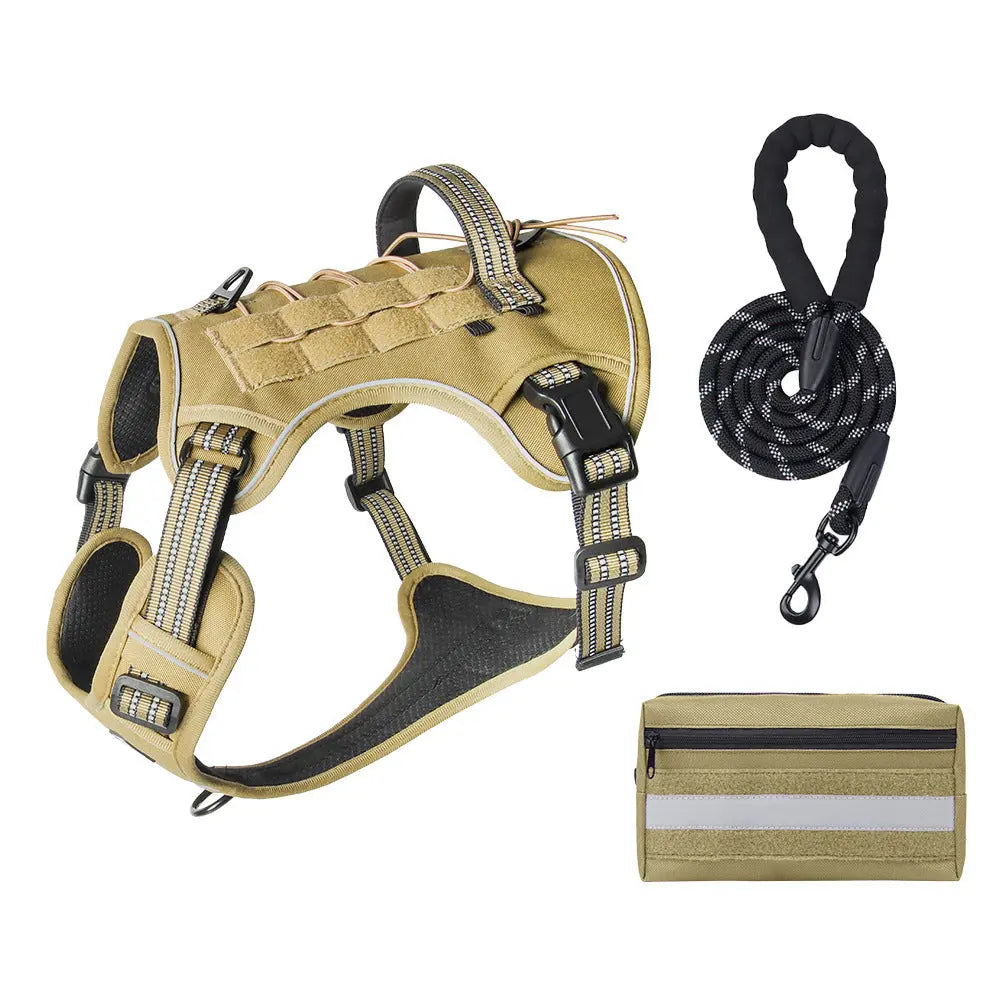3-Piece Khaki Tactical Dog Harness Set (XL Size) - Heavy Duty No-Pull Vest with Detachable Tactical Pouch & Climbing Rope Leash Wholesale Hub