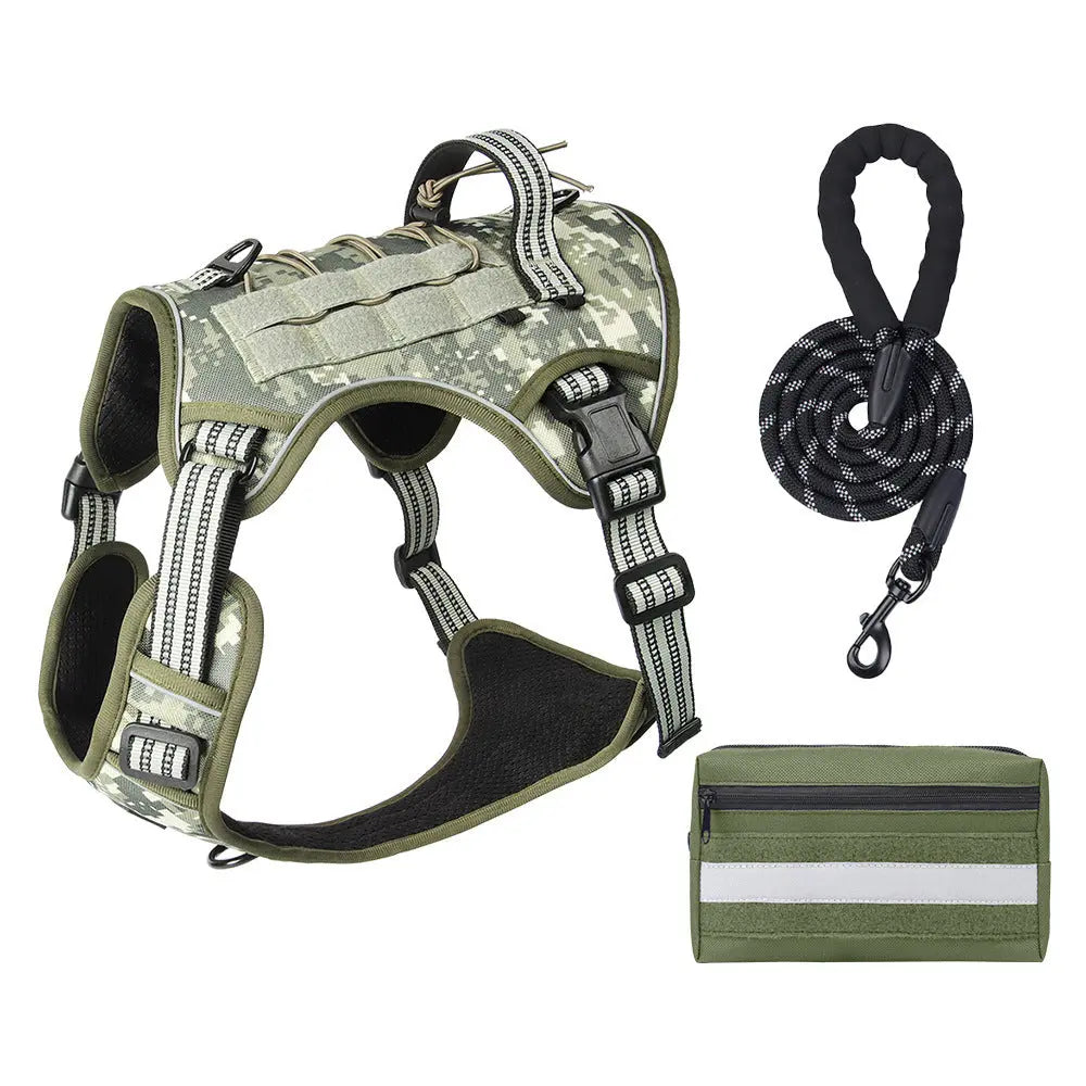 3-Piece Camouflage Tactical Dog Harness Set (S Size) - Heavy Duty No-Pull Vest with Detachable Tactical Pouch & Climbing Rope Leash Wholesale Hub
