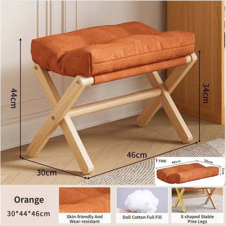 Orange Foldable Ottoman & Padded Footstool with Velcro Stability & Spare Cusion - Cotton Linen Portable Office Leg Rest & Entryway Shoe Stool Wholesale Hub