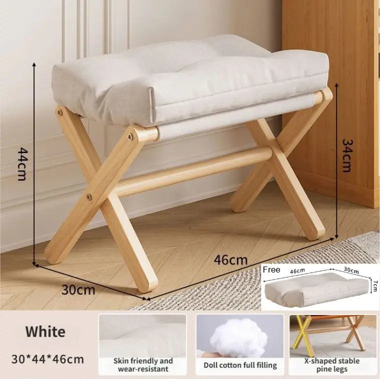 White Foldable Ottoman & Padded Footstool with Velcro Stability & Spare Cusion - Cotton Linen Portable Office Leg Rest & Entryway Shoe Stool Wholesale Hub