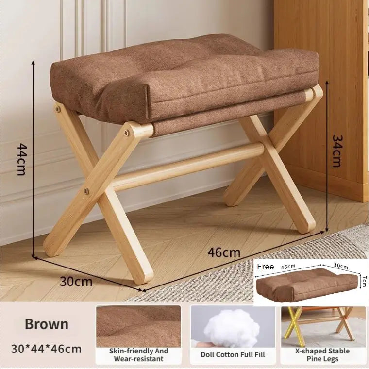 Brown Foldable Ottoman & Padded Footstool with Velcro Stability & Spare Cusion - Cotton Linen Portable Office Leg Rest & Entryway Shoe Stool Wholesale Hub