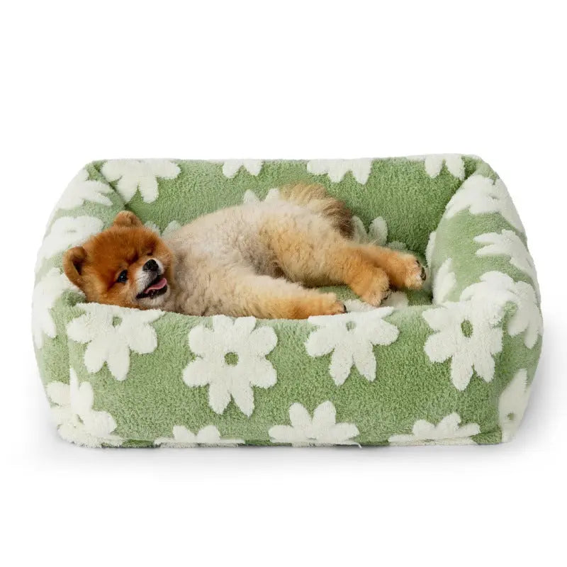 50x48x15 CM Cute Square Plush Pet Bed with Removable Cover & 5 Bolsters Support - Green Daisies Machine Washable Calming Dog & Cat Sofa Wholesale Hub