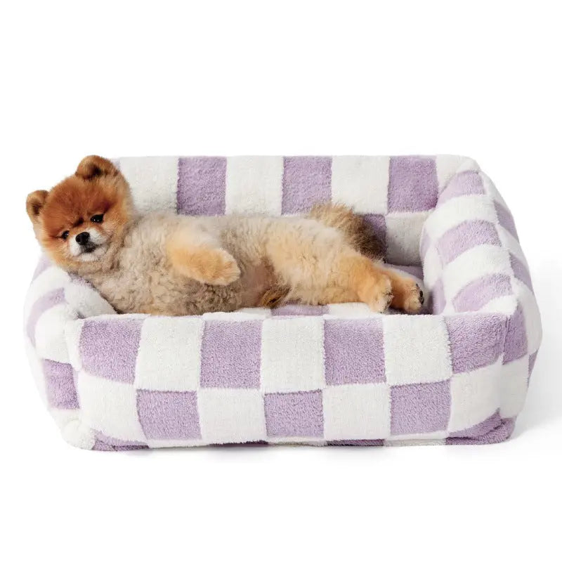 50x48x15 CM Cute Square Plush Pet Bed with Removable Cover & 5 Bolsters Support - Purple Plaid Machine Washable Calming Dog & Cat Sofa Wholesale Hub