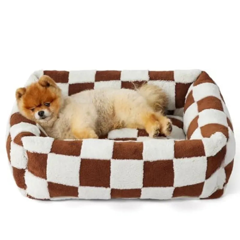 63x53x17 CM Cute Square Plush Pet Bed with Removable Cover & 5 Bolsters Support - Brown Plaid Machine Washable Calming Dog & Cat Sofa Wholesale Hub