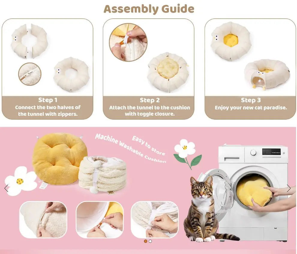 Green Cute Foldable Cat Tunnel Bed with Dual-Zipper Detachable & Connectable Design - 2-in-1 Versatile Circular Doughnut Nest & S-Curve Play Center, Easy Fold-Away Storage (85x85x26CM) Wholesale Hub