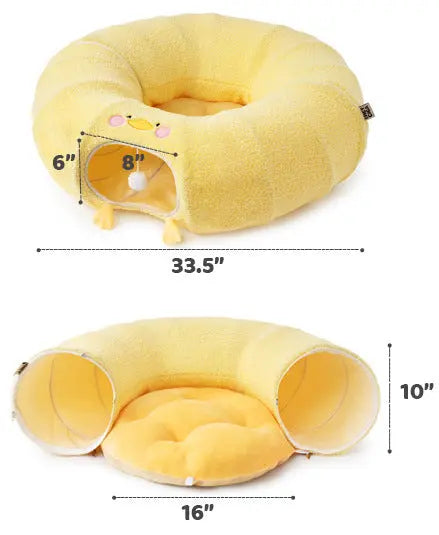 Yellow Cute Foldable Cat Tunnel Bed with Dual-Zipper Detachable & Connectable Design - 2-in-1 Versatile Circular Doughnut Nest & S-Curve Play Center, Easy Fold-Away Storage (85x85x26CM) Wholesale Hub