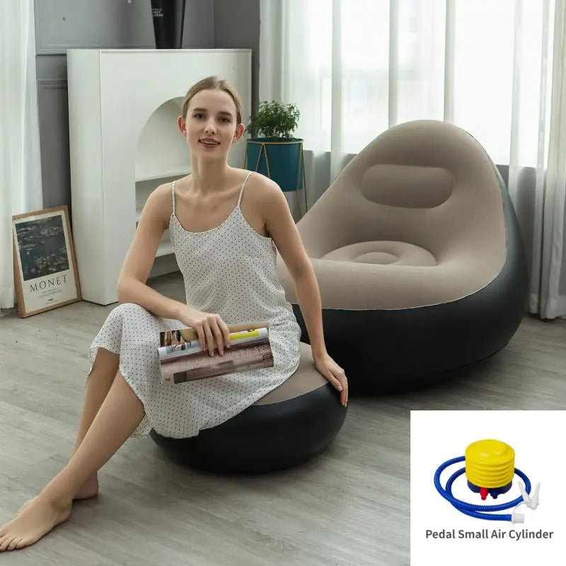 Khaki Inflatable Flocked Lounge Chair & Ottoman Set with Foot Pump - Portable Ergonomic S-shaped Air Lounger for Indoor & Outdoor Wholesale Hub