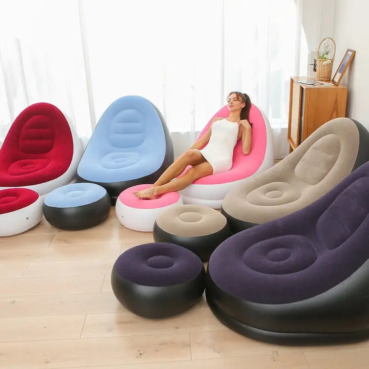 Khaki Inflatable Flocked Lounge Chair & Ottoman Set with Foot Pump - Portable Ergonomic S-shaped Air Lounger for Indoor & Outdoor Wholesale Hub