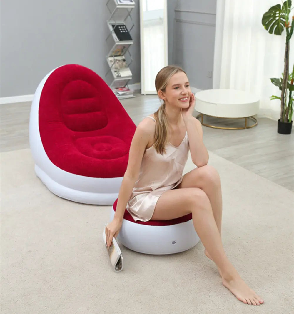 Khaki Inflatable Flocked Lounge Chair & Ottoman Set with Foot Pump - Portable Ergonomic S-shaped Air Lounger for Indoor & Outdoor Wholesale Hub