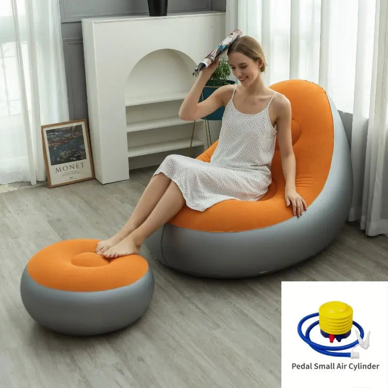 Orange Inflatable Flocked Lounge Chair & Ottoman Set with Foot Pump - Portable Ergonomic S-shaped Air Lounger for Indoor & Outdoor Wholesale Hub