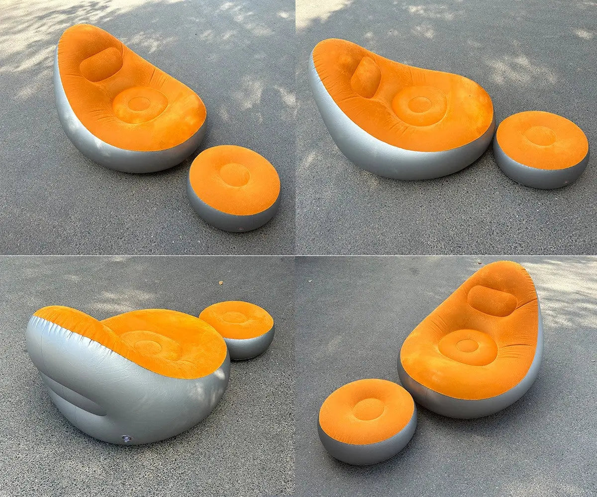 Orange Inflatable Flocked Lounge Chair & Ottoman Set with Foot Pump - Portable Ergonomic S-shaped Air Lounger for Indoor & Outdoor Wholesale Hub