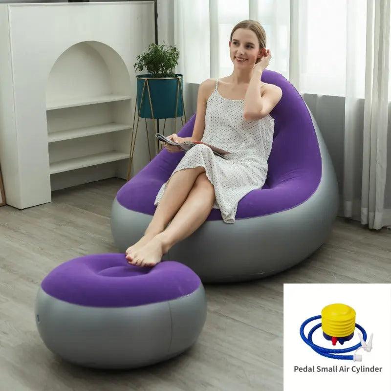 Purple Inflatable Flocked Lounge Chair & Ottoman Set with Foot Pump - Portable Ergonomic S-shaped Air Lounger for Indoor & Outdoor Wholesale Hub