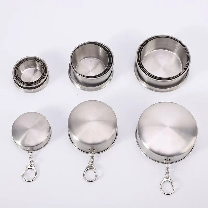 3-Capacity Silver Stainless Steel Collapsible Travel Cup Set(75ml + 150ml + 250ml) - Compact Telescopic Drinking Cup with Keychain & Dust-Proof Lid for Outdoor Hiking and Camping Wholesale Hub