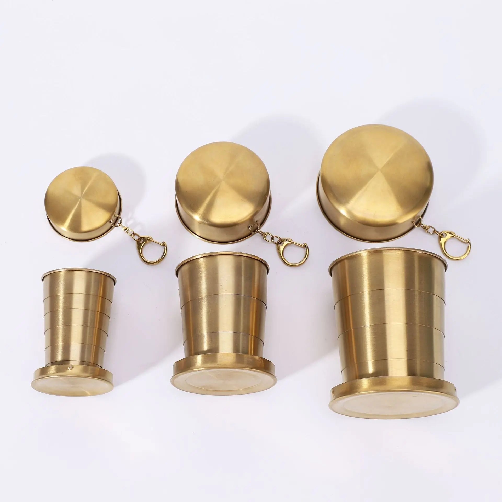 3-Capacity Gold Stainless Steel Collapsible Travel Cup Set(75ml + 150ml + 250ml) - Compact Telescopic Drinking Cup with Keychain & Dust-Proof Lid for Outdoor Hiking and Camping Wholesale Hub