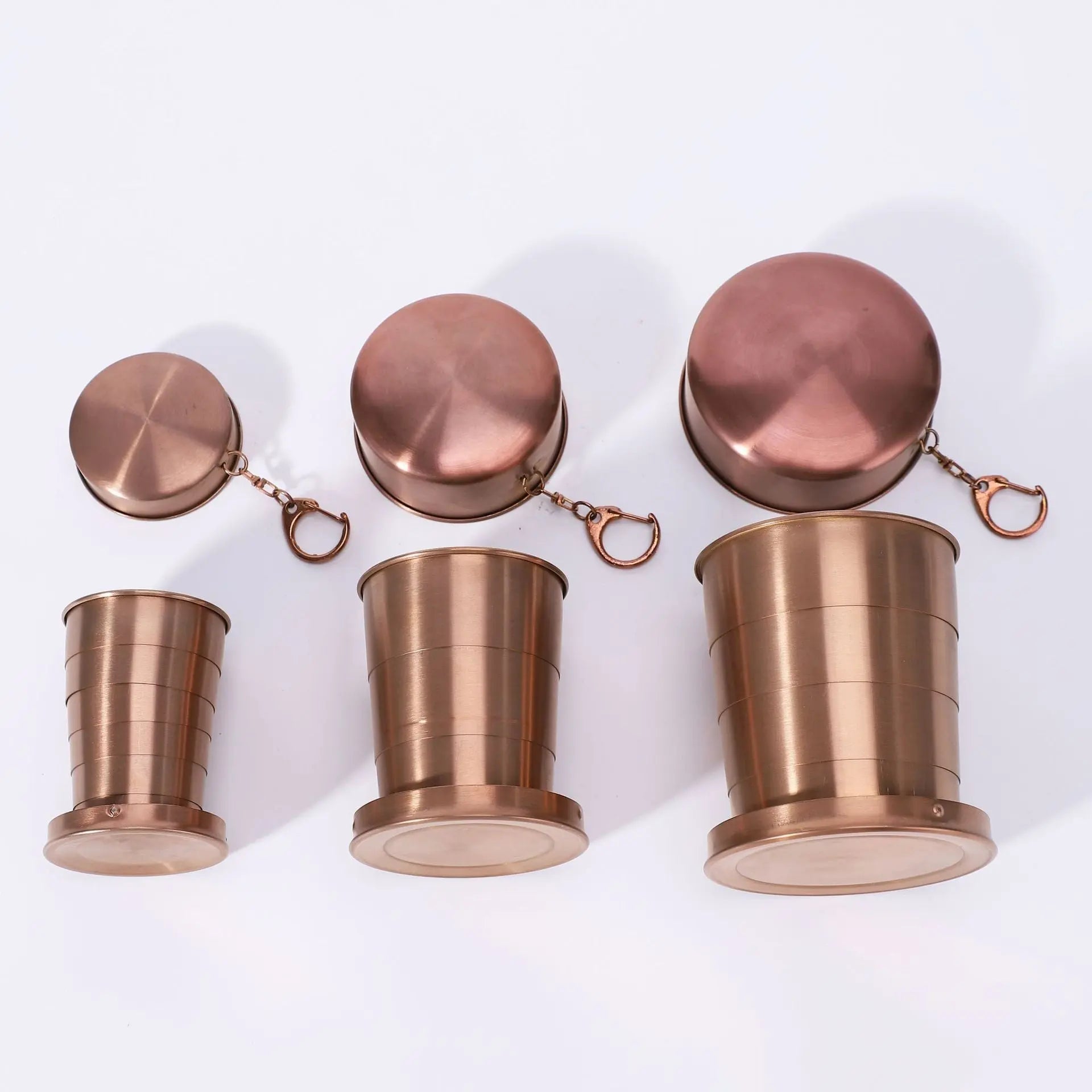 3-Capacity Bronze Stainless Steel Collapsible Travel Cup Set(75ml + 150ml + 250ml) - Compact Telescopic Drinking Cup with Keychain & Dust-Proof Lid for Outdoor Hiking and Camping Wholesale Hub