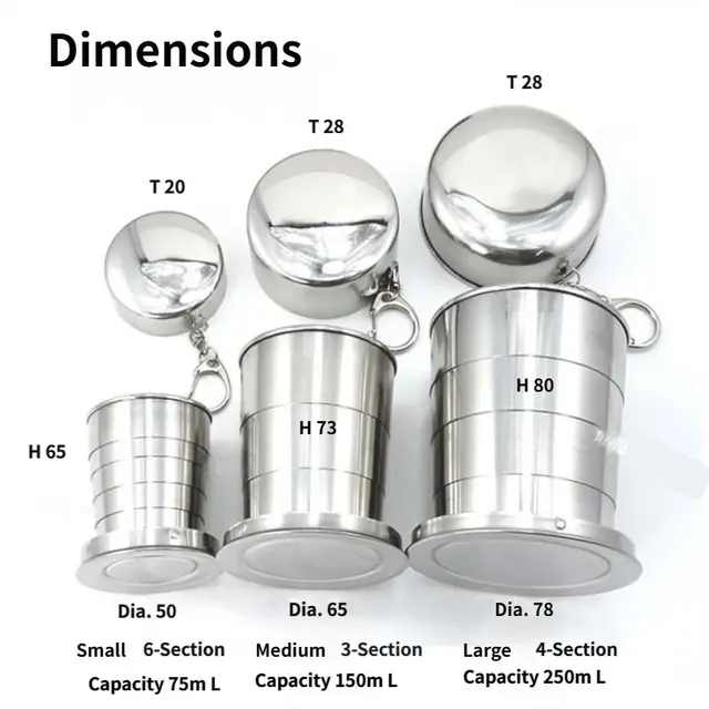 3-Capacity Bronze Stainless Steel Collapsible Travel Cup Set(75ml + 150ml + 250ml) - Compact Telescopic Drinking Cup with Keychain & Dust-Proof Lid for Outdoor Hiking and Camping Wholesale Hub