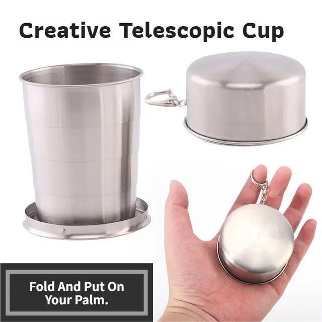 3-Capacity Bronze Stainless Steel Collapsible Travel Cup Set(75ml + 150ml + 250ml) - Compact Telescopic Drinking Cup with Keychain & Dust-Proof Lid for Outdoor Hiking and Camping Wholesale Hub