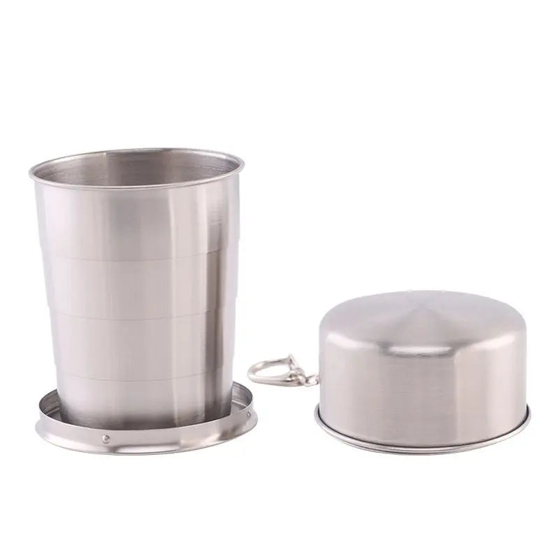 250ML Silver Stainless Steel 4-Section Telescopic Travel Cup with Keychain & Dust-Proof Lid for Outdoor Hiking and Camping Wholesale Hub