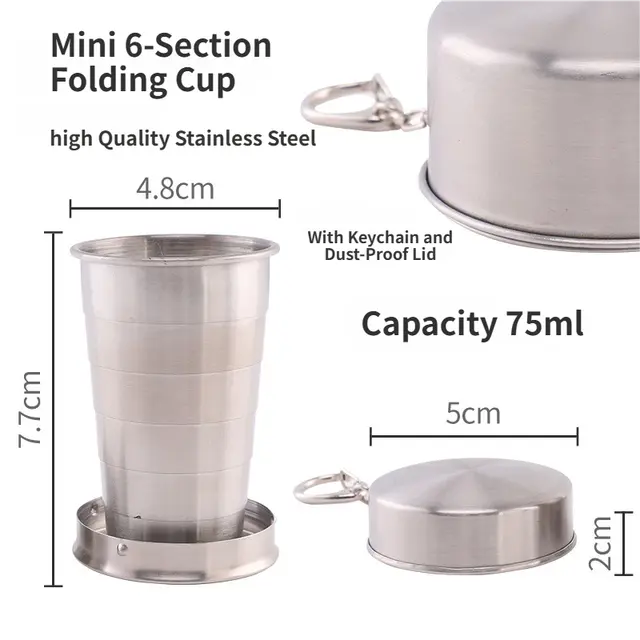 75ML Silver Stainless Steel 6-Section Telescopic Travel Cup with Keychain & Dust-Proof Lid for Outdoor Hiking and Camping Wholesale Hub