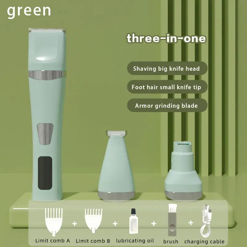 Green Professional 3-in-1 Pet Grooming Kit - Low-Noise Rechargeable Dog Hair Trimmer & Nail Grinder for Paws, Eyes, and Body Wholesale Hub