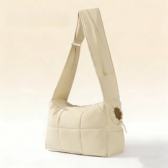 Beige Foldable Insulated Quilted Pet Shoulder Bag with Adjustable Peep Hole & Safety Buckle - Thickened Warm Travel Tote for Small Dogs & Cats Within 5.7KG Wholesale Hub