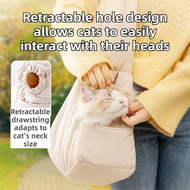 Beige Foldable Insulated Quilted Pet Shoulder Bag with Adjustable Peep Hole & Safety Buckle - Thickened Warm Travel Tote for Small Dogs & Cats Within 5.7KG Wholesale Hub