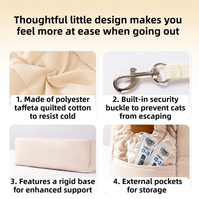 Beige Foldable Insulated Quilted Pet Shoulder Bag with Adjustable Peep Hole & Safety Buckle - Thickened Warm Travel Tote for Small Dogs & Cats Within 5.7KG Wholesale Hub