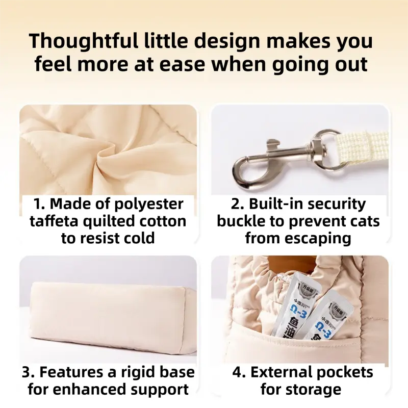 Light Grey Foldable Insulated Quilted Pet Shoulder Bag with Adjustable Peep Hole & Safety Buckle - Thickened Warm Travel Tote for Small Dogs & Cats Within 5.7KG Wholesale Hub