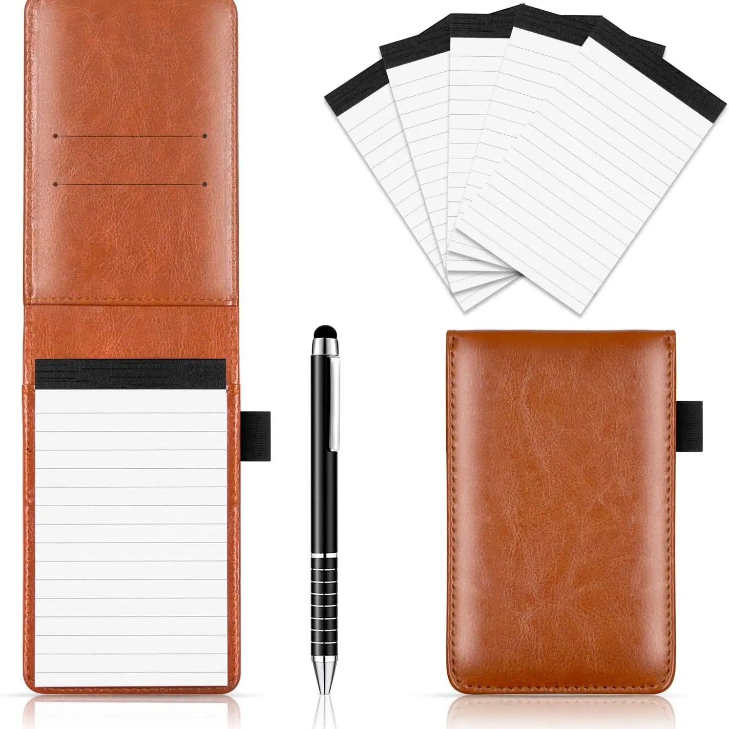 7-Piece Brown Business A7 Pocket Notebook Set - Premium PU Leather Memo Pad, 5 Memo Replacement Refills & 2-in-1 Metal Stylus Pen Wholesale Hub