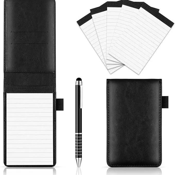 7-Piece Black Business A7 Pocket Notebook Set - Premium PU Leather Memo Pad, 5 Memo Replacement Refills & 2-in-1 Metal Stylus Pen Wholesale Hub