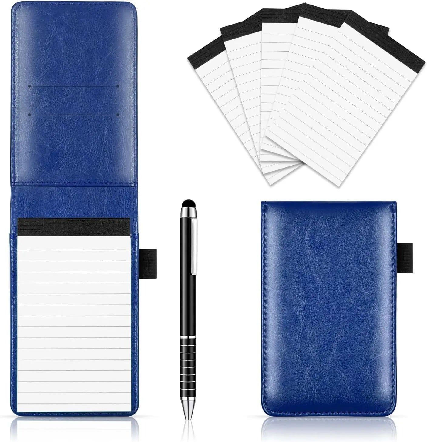 7-Piece Blue Business A7 Pocket Notebook Set - Premium PU Leather Memo Pad, 5 Memo Replacement Refills & 2-in-1 Metal Stylus Pen Wholesale Hub