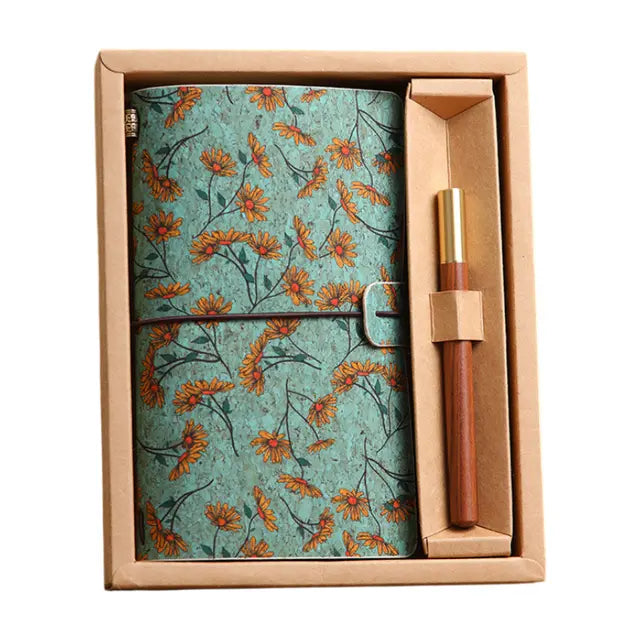 Wild Rose Retro A6 Travelers Leather Notebook & Wooden Pen Gift Box - Floral Botanical Loose-Leaf Journal with Bronze Charm, Kraft Paper and Lined Paper Wholesale Hub
