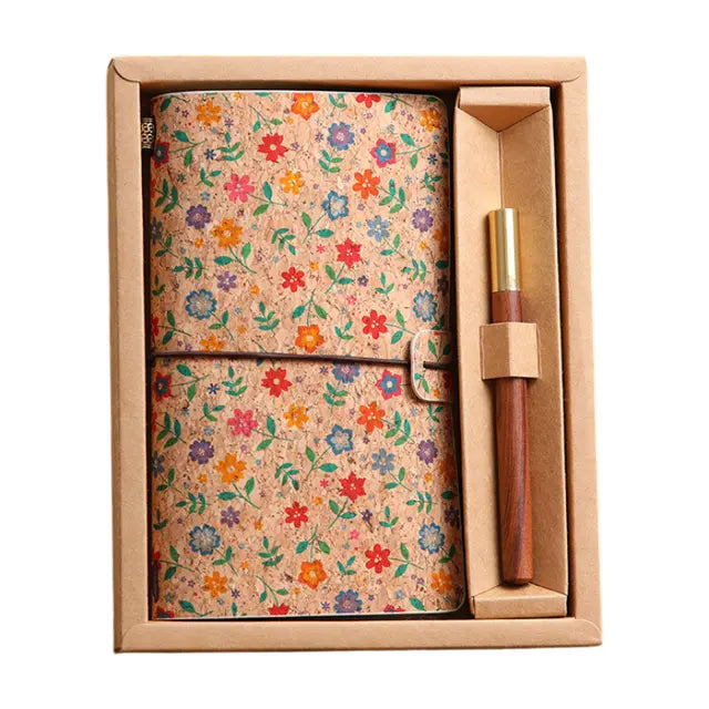 Mini Rose Retro A6 Travelers Leather Notebook & Wooden Pen Gift Box - Floral Botanical Loose-Leaf Journal with Bronze Charm, Kraft Paper and Lined Paper Wholesale Hub