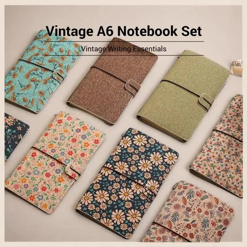 Mini Rose Retro A6 Travelers Leather Notebook & Wooden Pen Gift Box - Floral Botanical Loose-Leaf Journal with Bronze Charm, Kraft Paper and Lined Paper Wholesale Hub